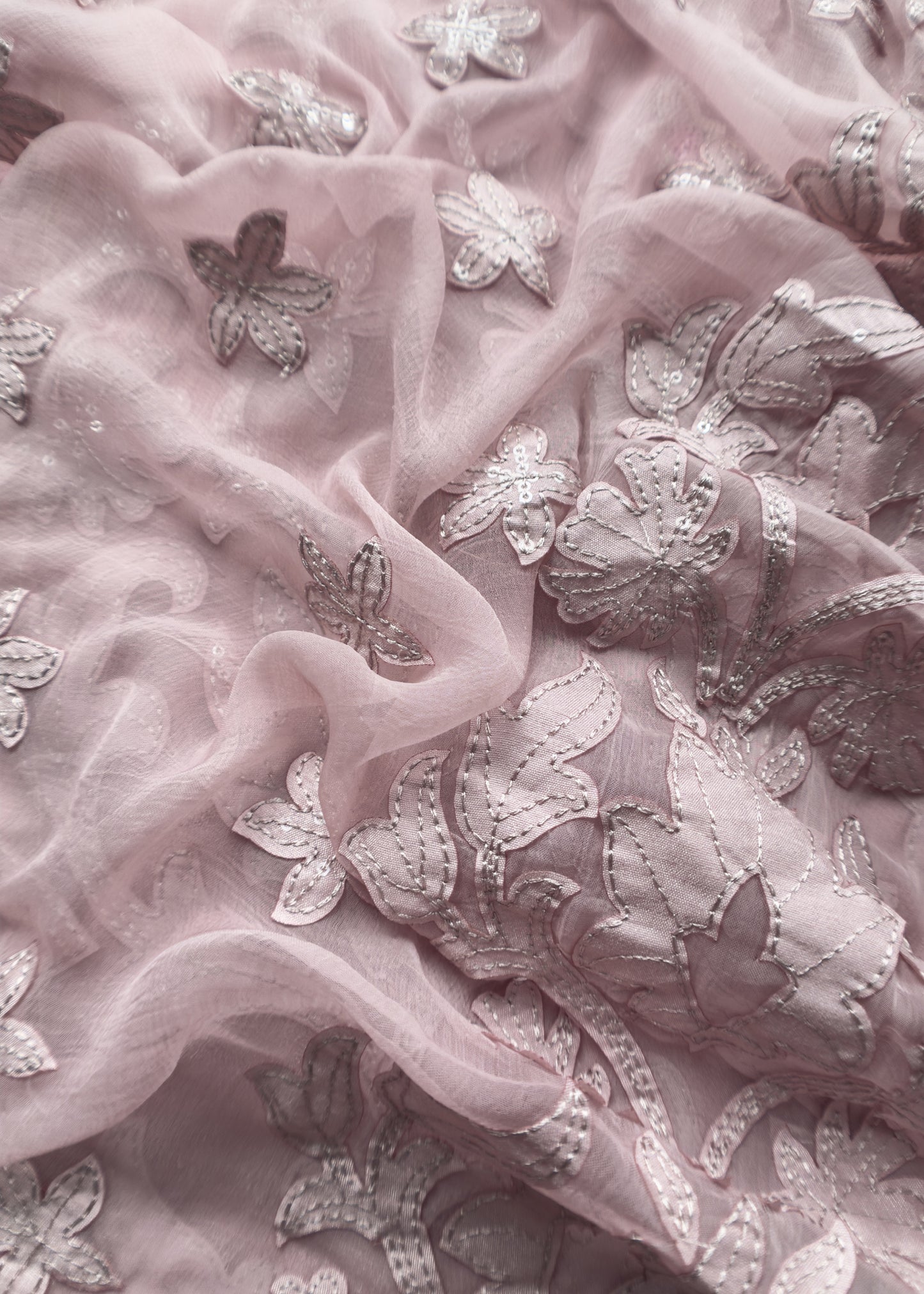 Dusty Pink Tissue Kurta With Pure Chiffon Dupatta With Appliqué Work And Hand Work
