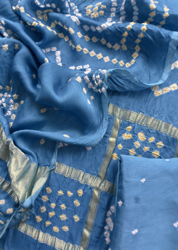 Heer Firozi Pure Gajji Silk Gharchola Bandhani Suit With Gold Lakdi Patta Weaving