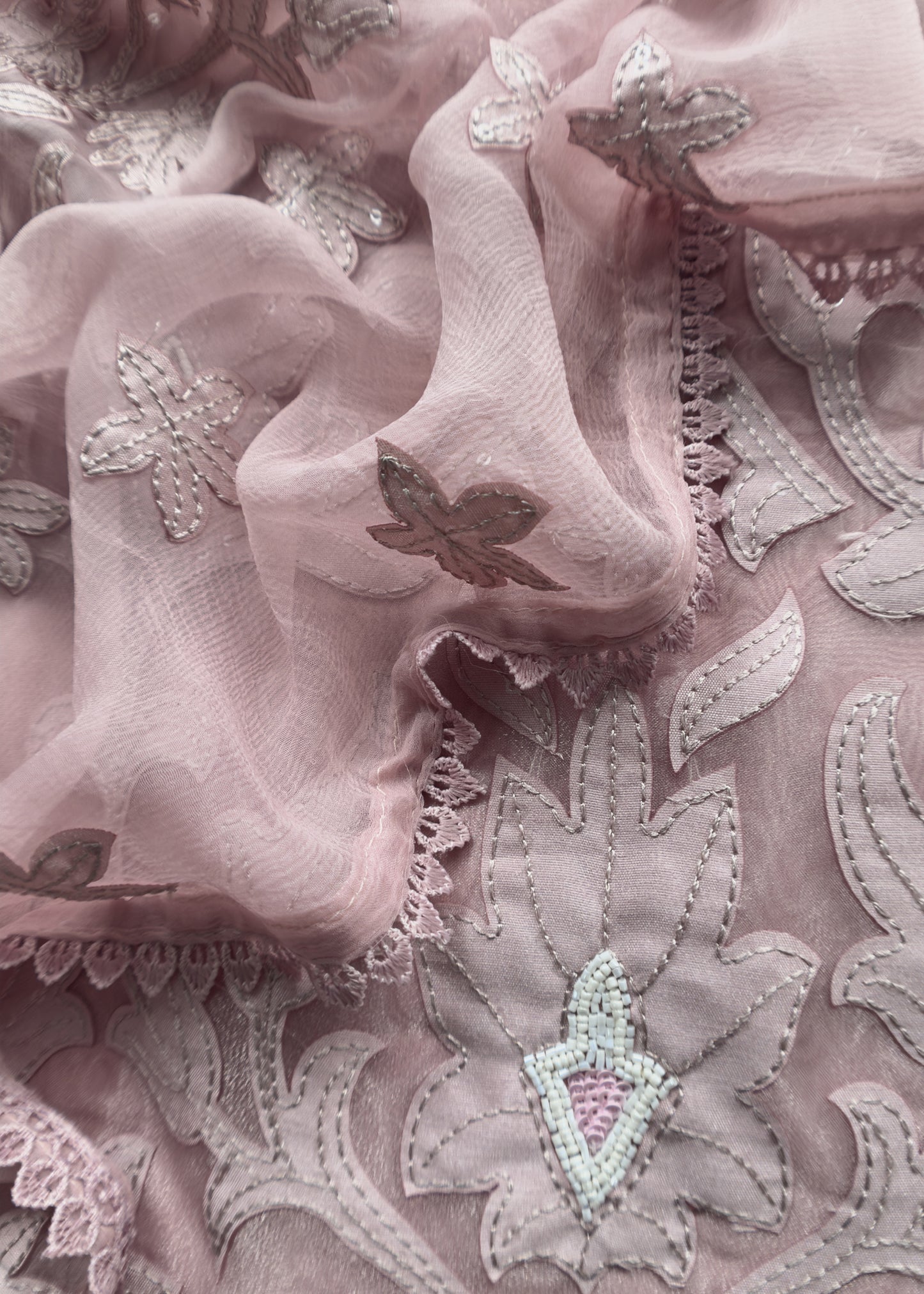Dusty Pink Tissue Kurta With Pure Chiffon Dupatta With Appliqué Work And Hand Work