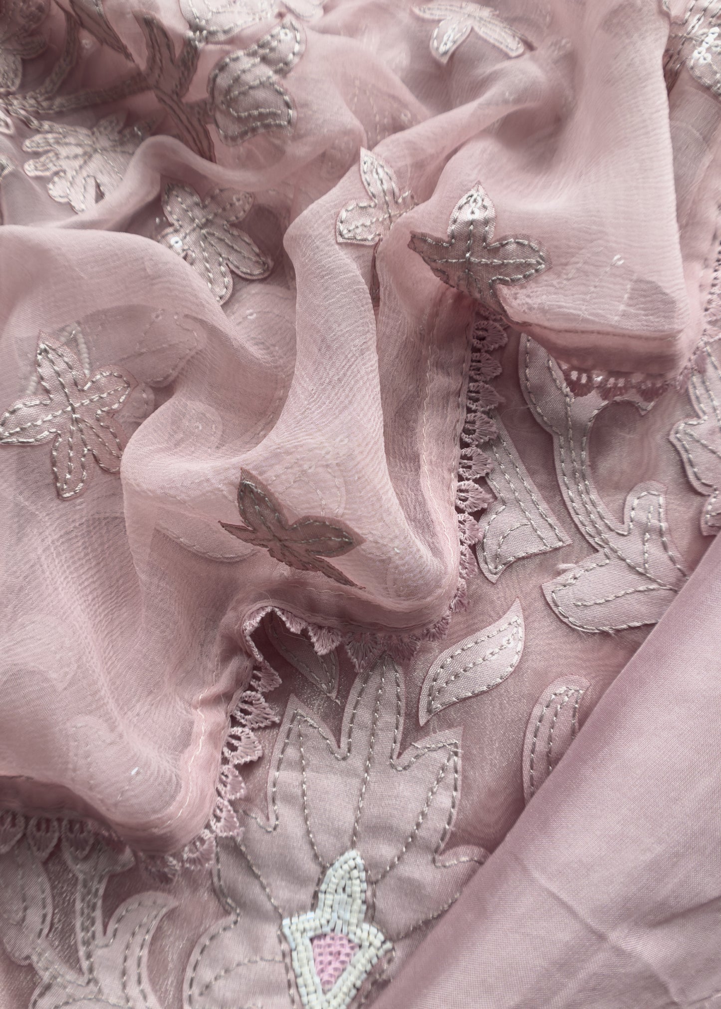 Dusty Pink Tissue Kurta With Pure Chiffon Dupatta With Appliqué Work And Hand Work