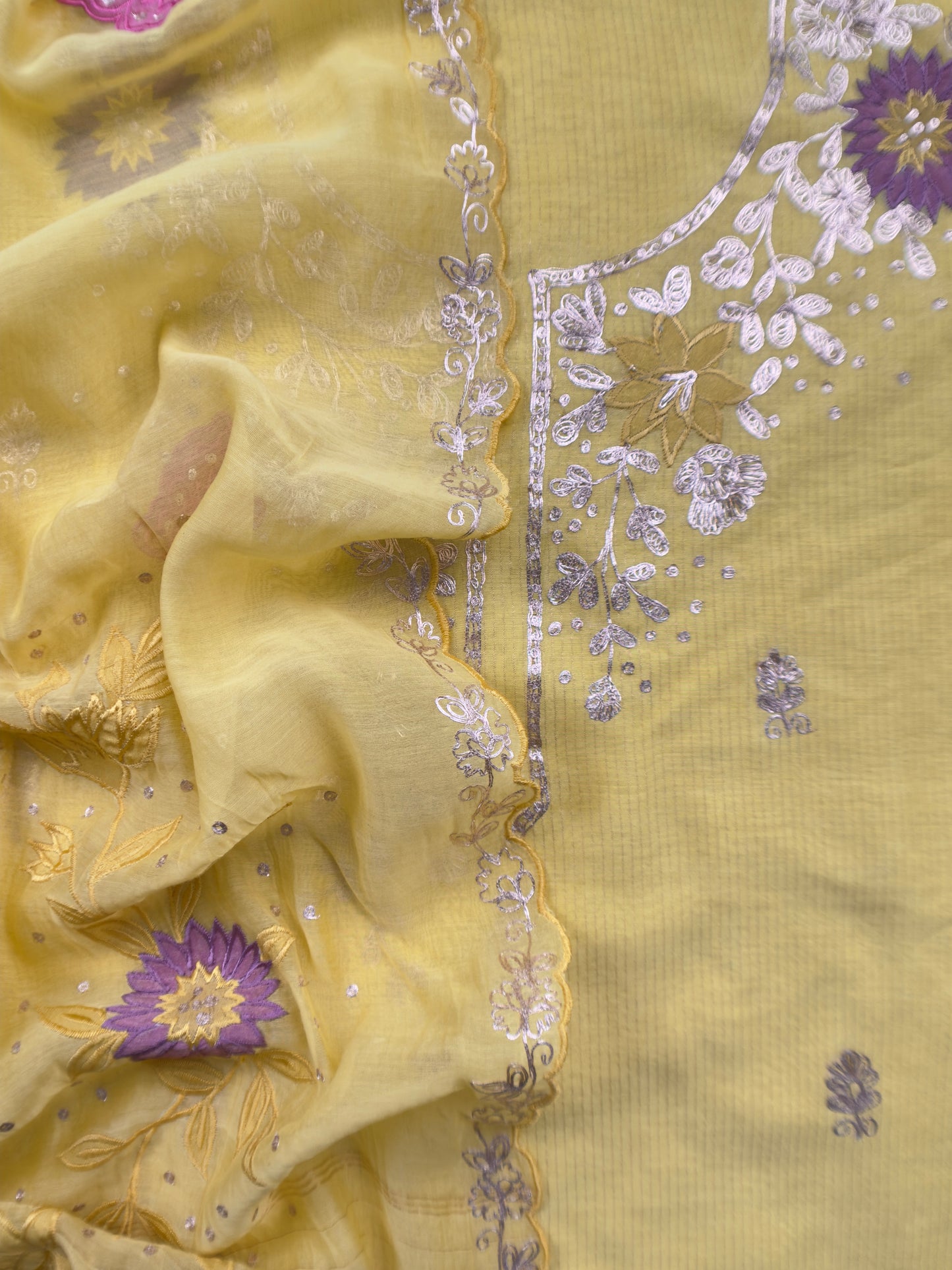 Yellow Summer Special Mul Chanderi Suit With Pitta and Appliqué Work