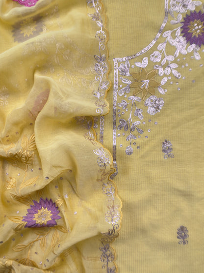 Yellow Summer Special Mul Chanderi Suit With Pitta and Appliqué Work