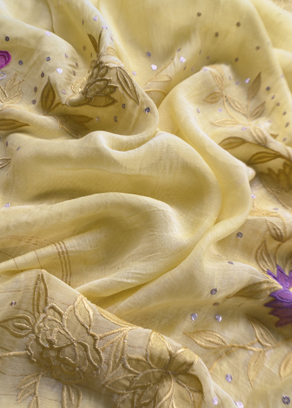 Yellow Summer Special Mul Chanderi Suit With Pitta and Appliqué Work