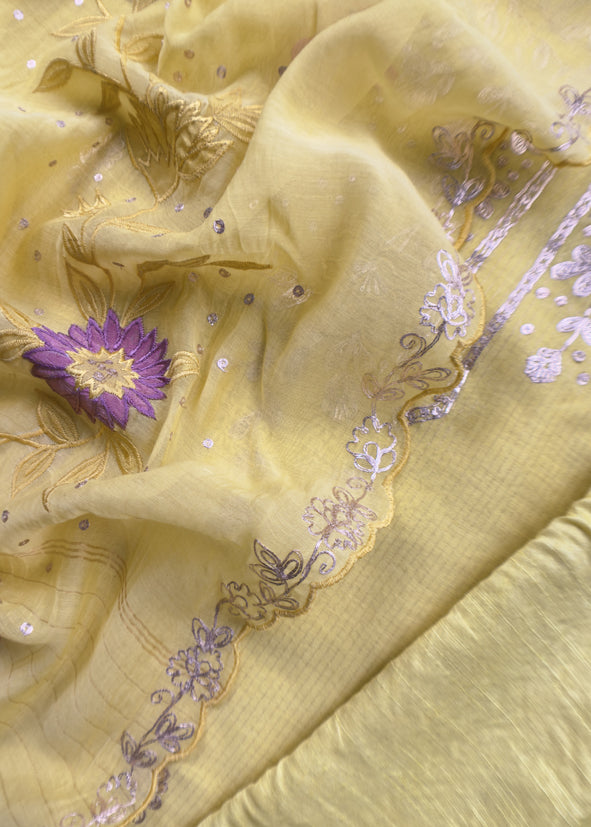 Yellow Summer Special Mul Chanderi Suit With Pitta and Appliqué Work