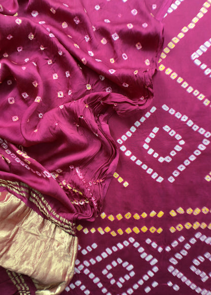 Heer Grape Purple Pure Gajji Silk Gharchola Bandhani Suit With Gold Lakdi patta weaving