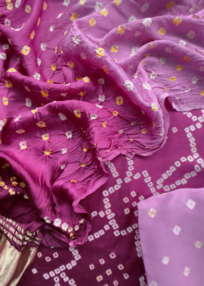 Heer Pink Pure Gajji Silk Bandhani Suit with Gold Lakdi Patta