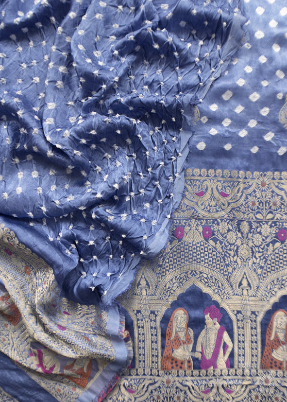 Heer Steel Blue Pure Gajji Silk Bandhani Suit With Gold Banarasi Weaving