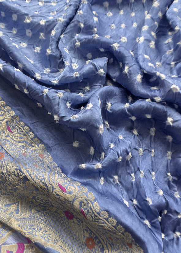 Heer Steel Blue Pure Gajji Silk Bandhani Suit With Gold Banarasi Weaving
