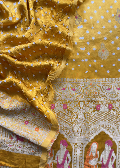 Heer Marigold Yellow Pure Gajji Silk Bandhani Suit With Gold Banarasi Weaving
