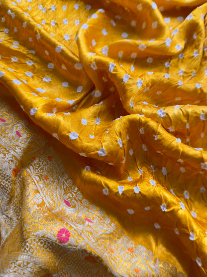 Heer Marigold Yellow Pure Gajji Silk Bandhani Suit With Gold Banarasi Weaving