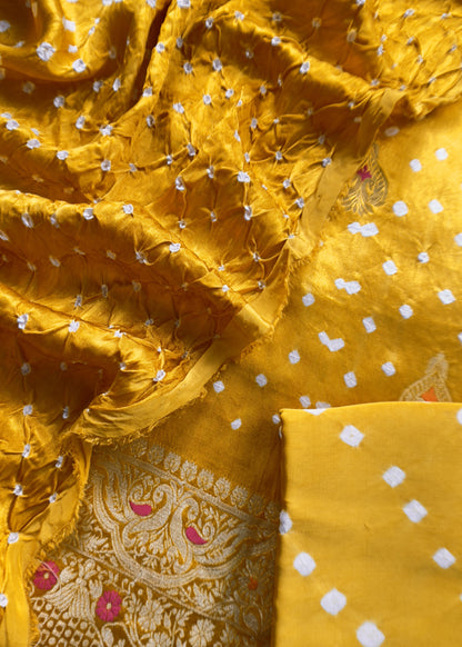Heer Marigold Yellow Pure Gajji Silk Bandhani Suit With Gold Banarasi Weaving