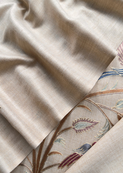 Beige Unstitched Woolen Suit With Aari Zari Embroidery work