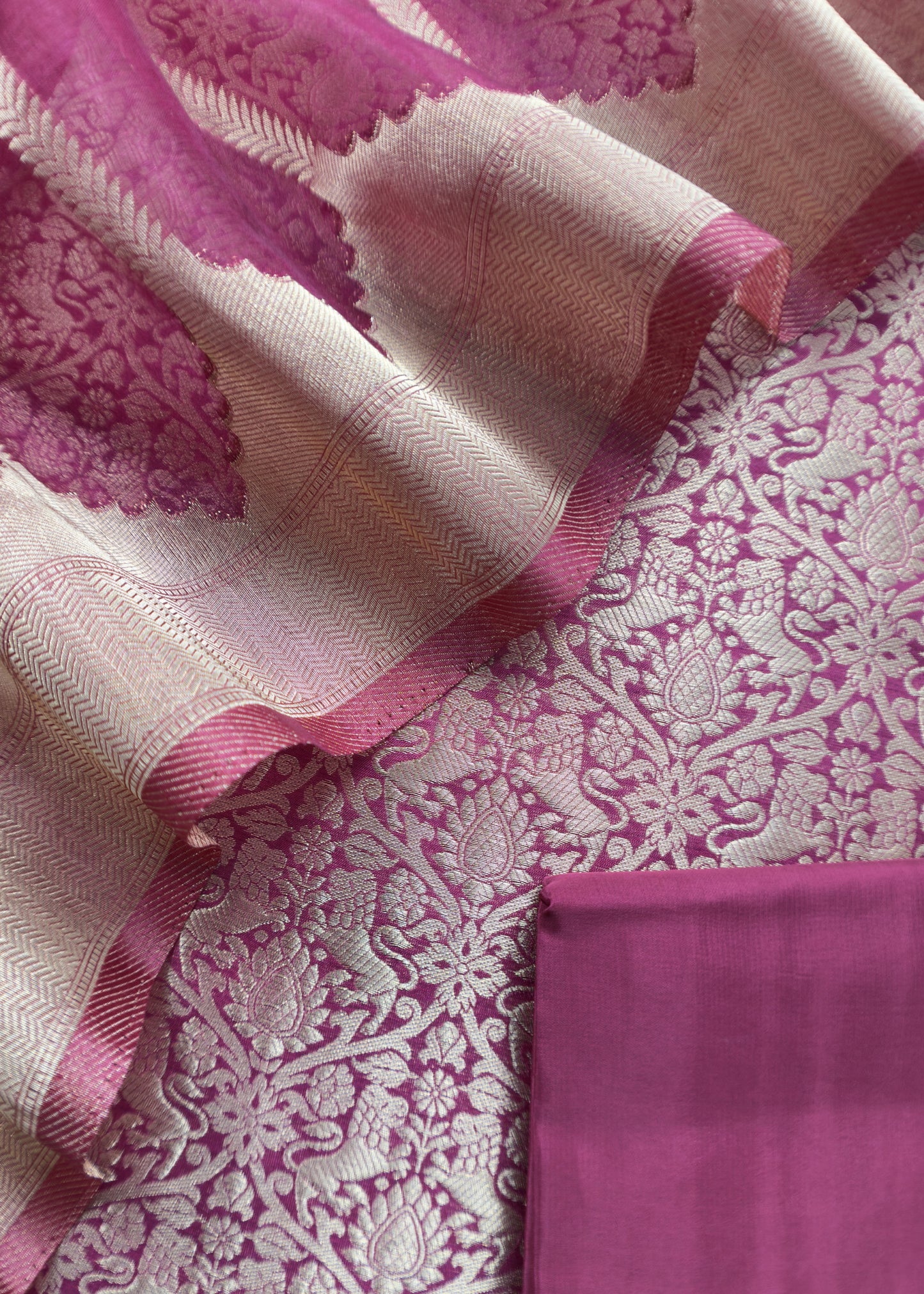 Pink Banarasi Silk Brocade Suit With Organza Dupatta