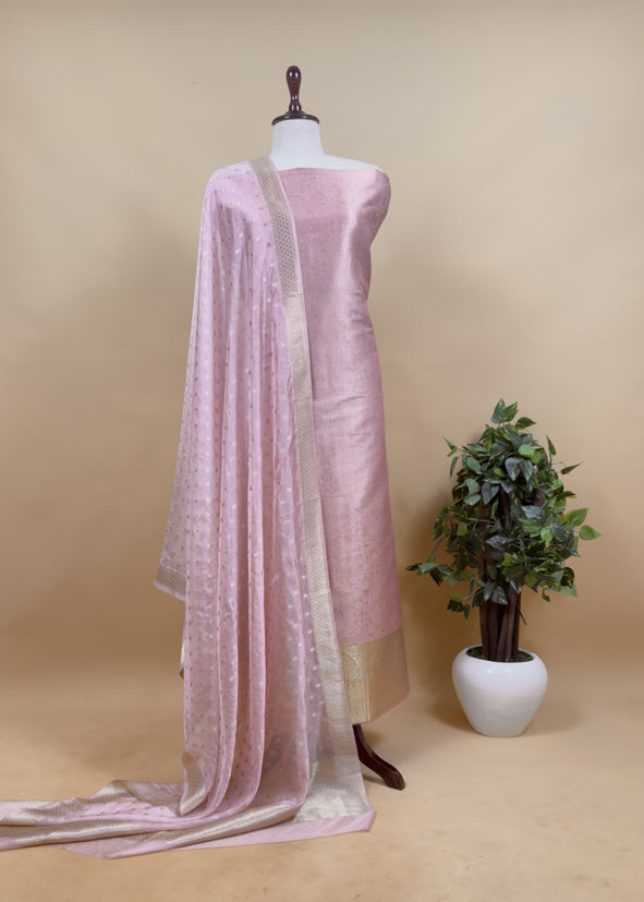 Pink Banarasi Silk Brocade Suit With Organza Dupatta