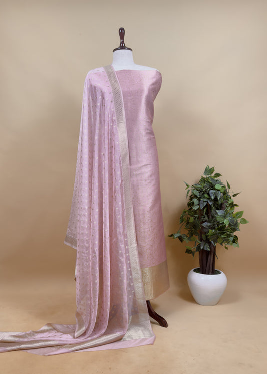 Pink Banarasi Silk Brocade Suit With Organza Dupatta