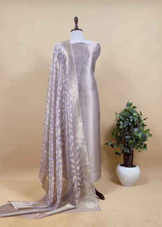 Purple Banarasi Silk Brocade Suit With Organza Dupatta
