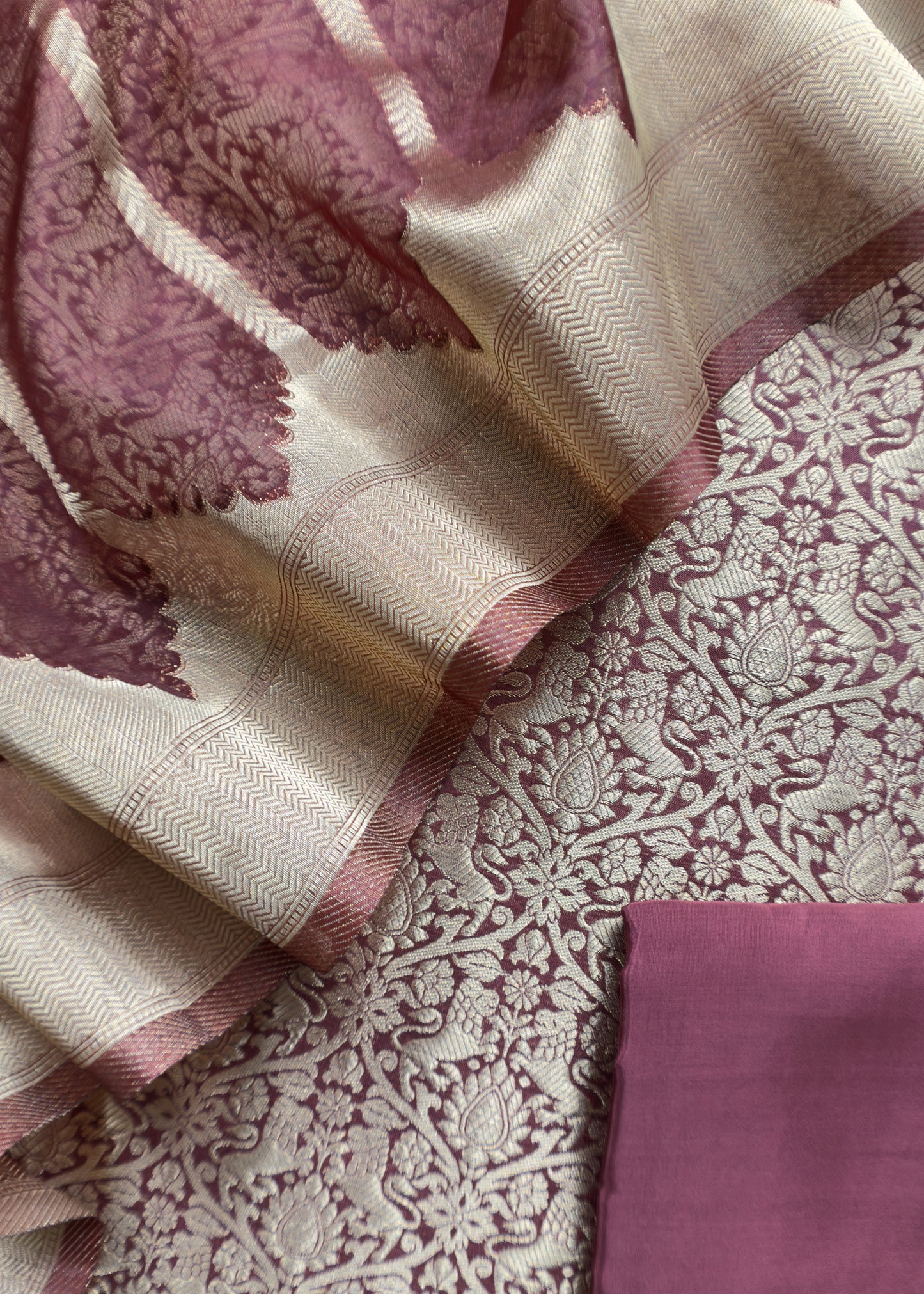Brown Banarasi Silk Brocade Suit With Organza Dupatta