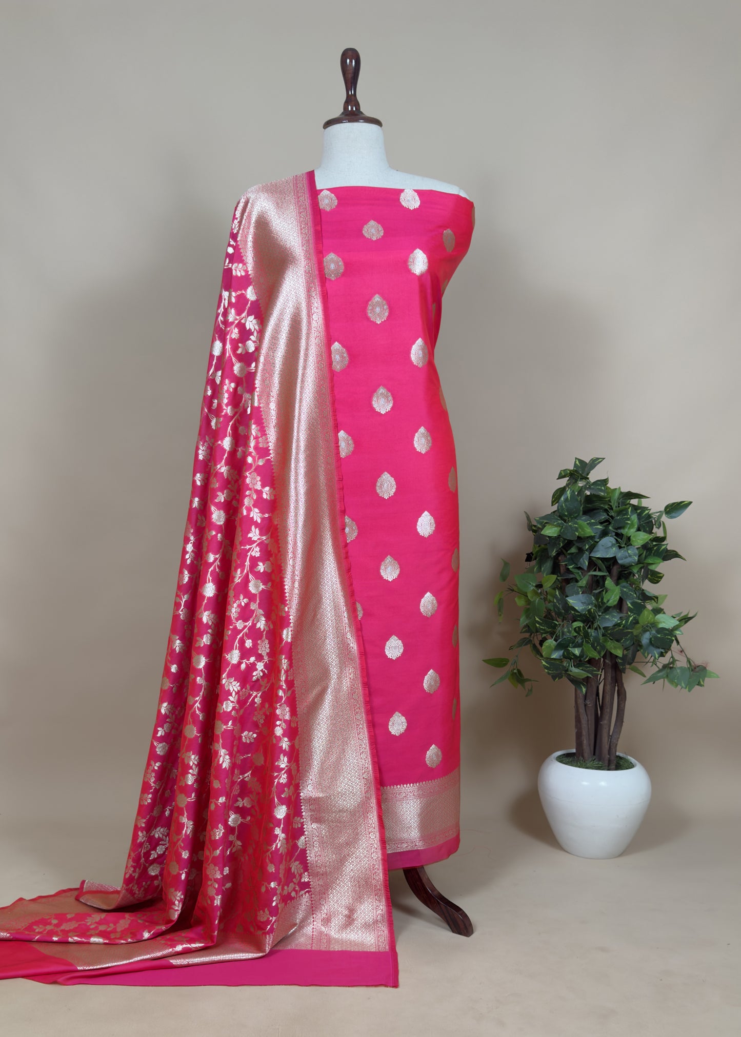 Pinkish Red Silk Suit With Zari Weaving