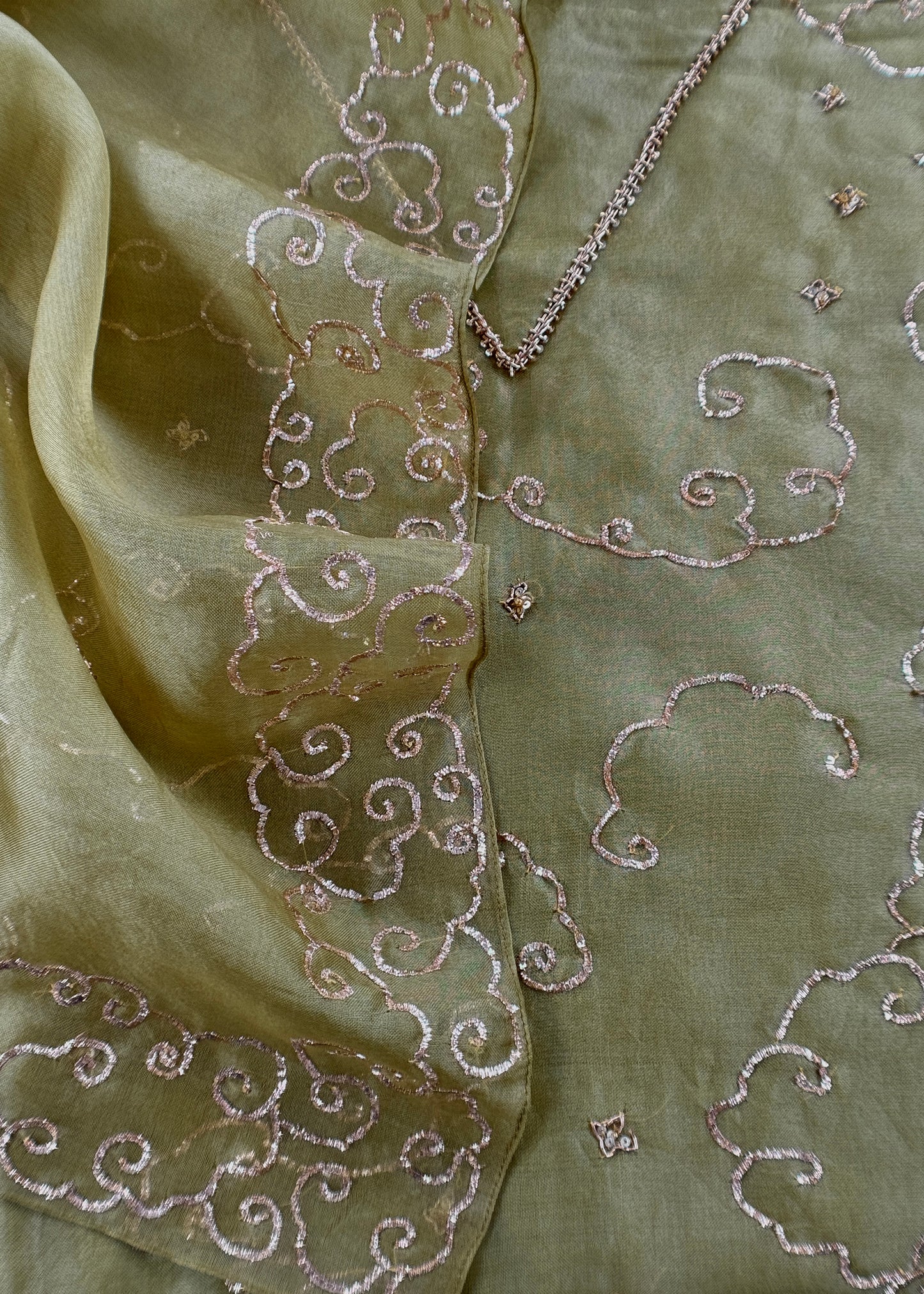 Olive Green Modern Aesthetic Organza Silk Suit with Rose gold Pitta Work