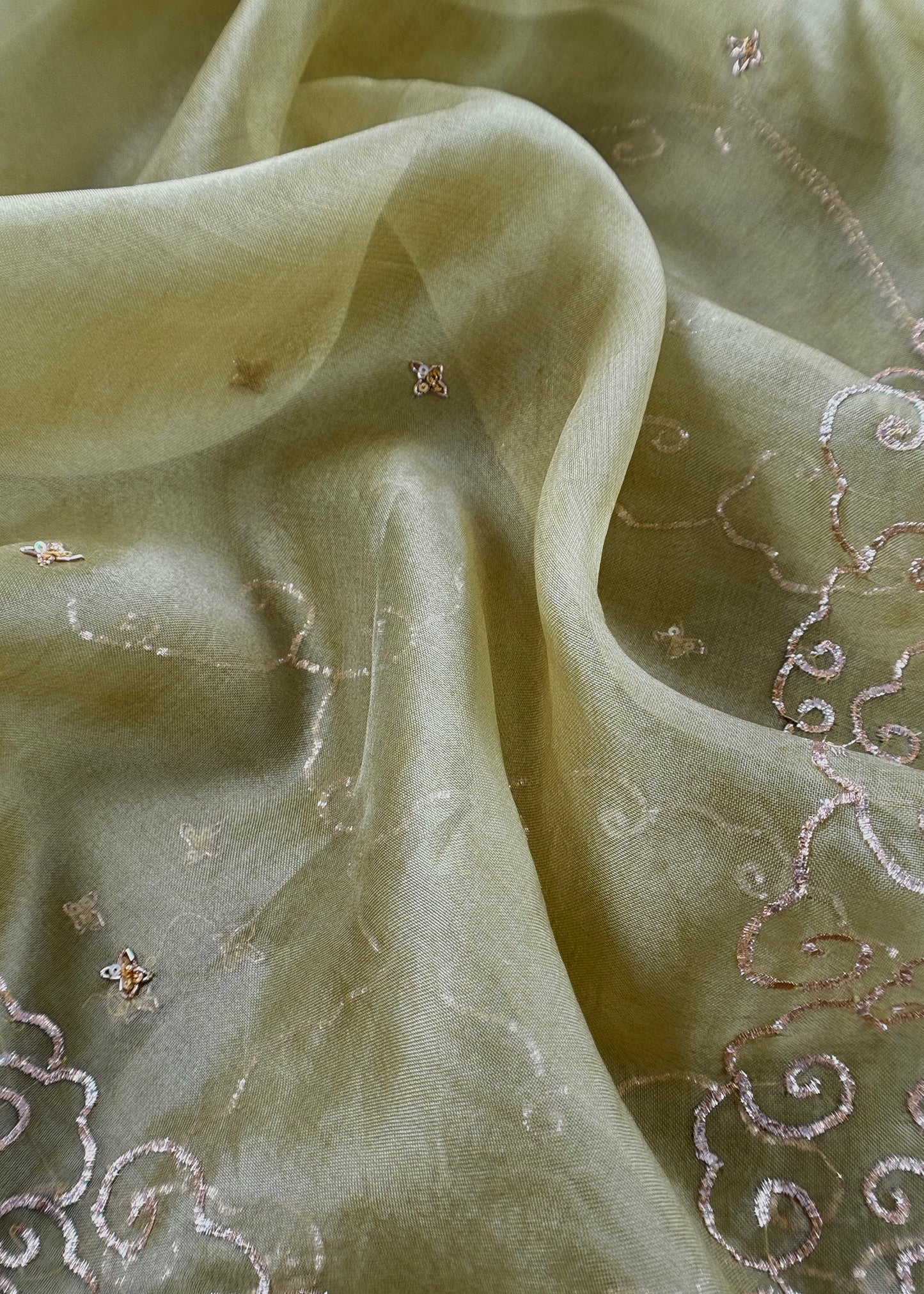 Olive Green Modern Aesthetic Organza Silk Suit with Rose gold Pitta Work