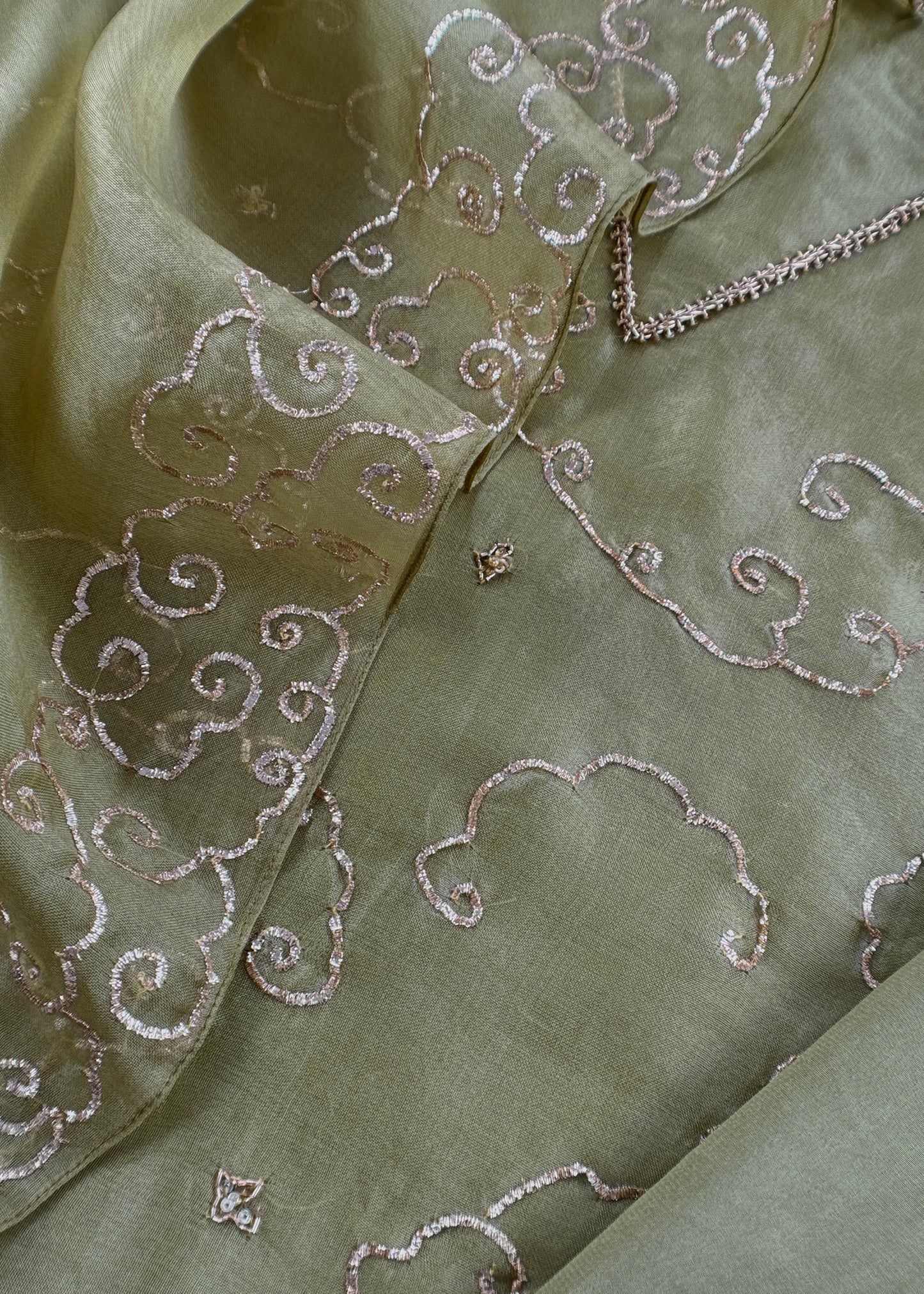 Olive Green Modern Aesthetic Organza Silk Suit with Rose gold Pitta Work