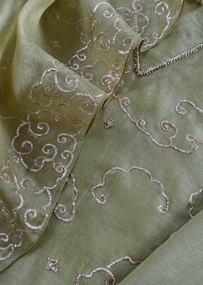 Olive Green Modern Aesthetic Organza Silk Suit with Rose gold Pitta Work