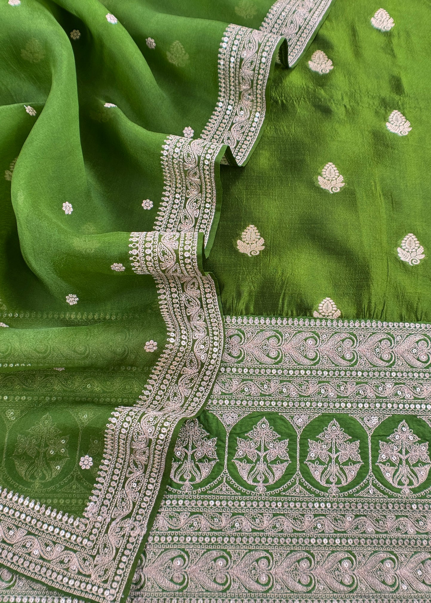 Parrot Green Handloom Tussar Kurta And Kora Silk Dupatta With Embroidery