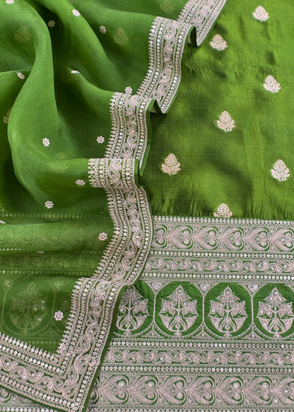 Parrot Green Handloom Tussar Kurta And Kora Silk Dupatta With Embroidery
