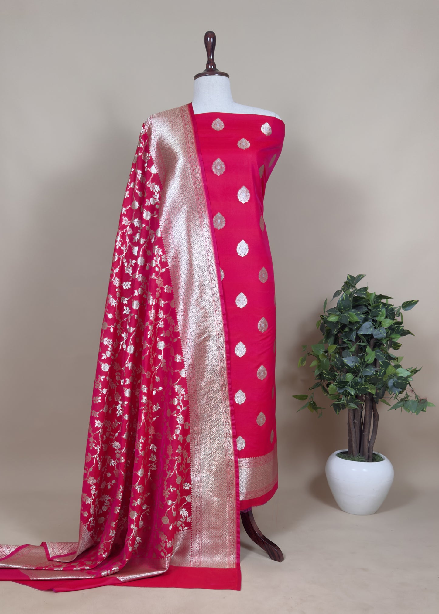 Deep Pink Silk Suit With Zari Weaving