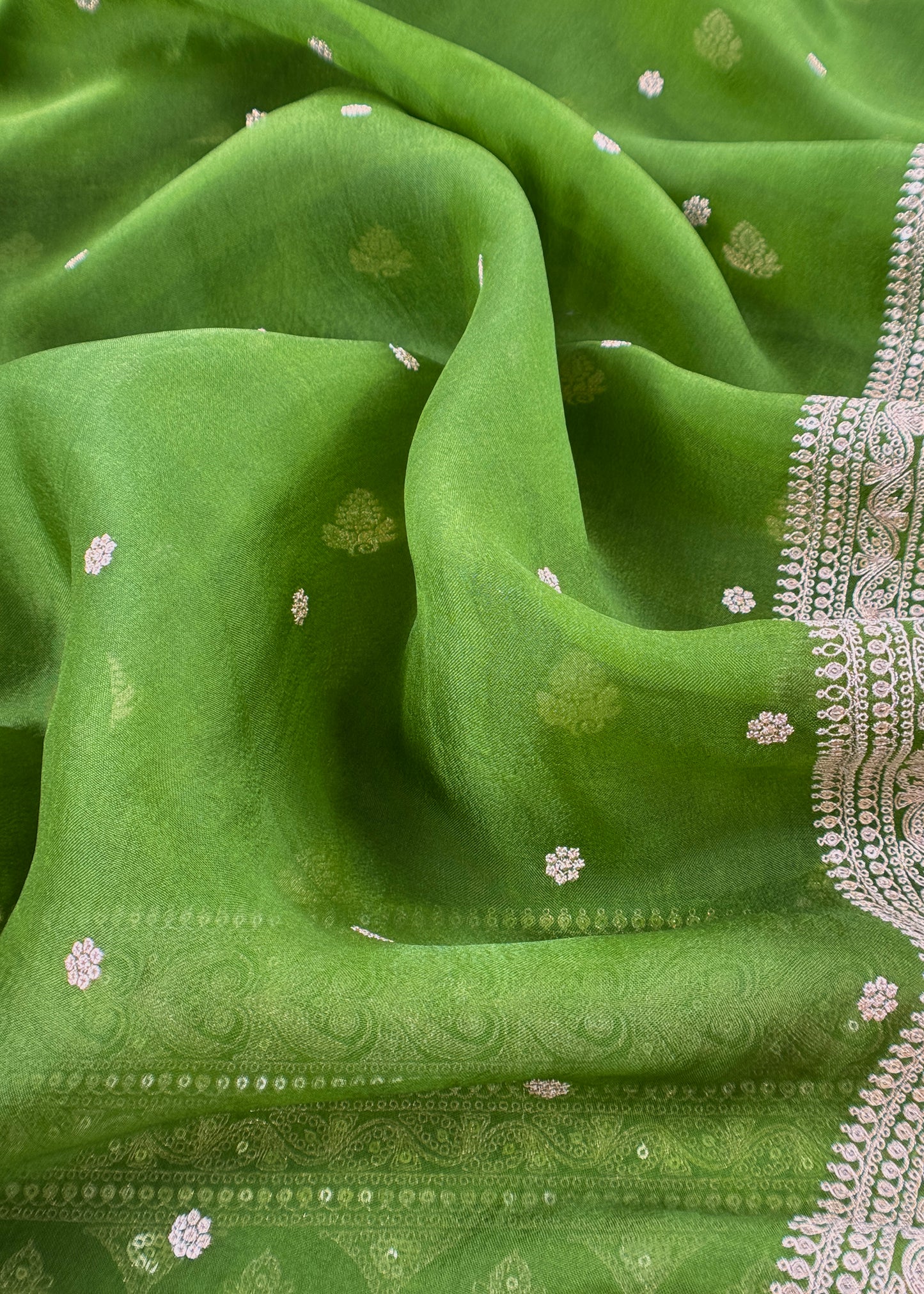 Parrot Green Handloom Tussar Kurta And Kora Silk Dupatta With Embroidery