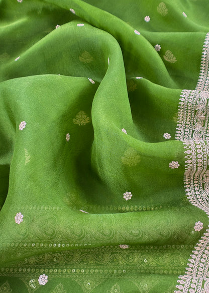 Parrot Green Handloom Tussar Kurta And Kora Silk Dupatta With Embroidery