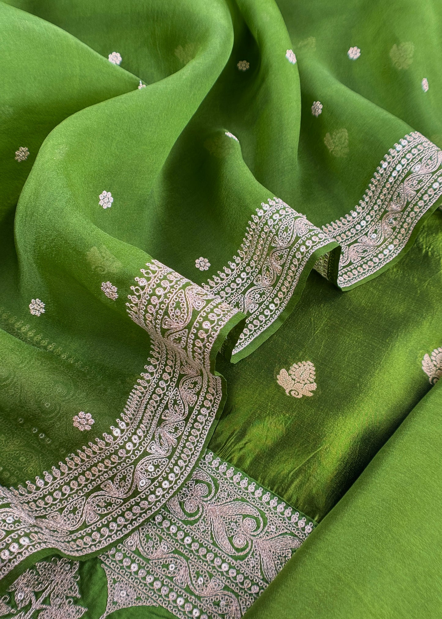 Parrot Green Handloom Tussar Kurta And Kora Silk Dupatta With Embroidery