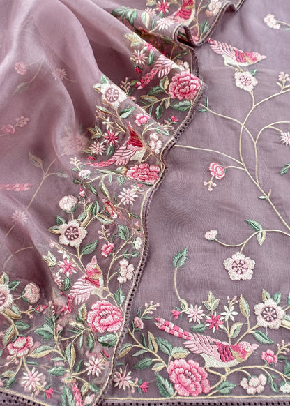 Purple Parsi Thread Embroidery Pure Organza Unstitched Suit With Dupatta