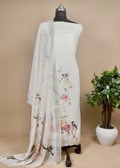 White Linen Unstitched Suit With Digital Print