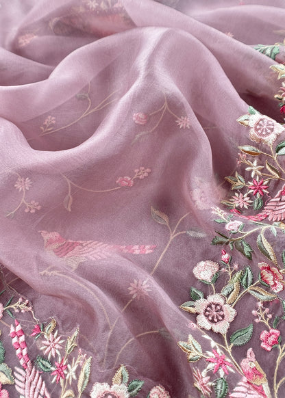 Purple Parsi Thread Embroidery Pure Organza Unstitched Suit With Dupatta