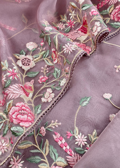 Purple Parsi Thread Embroidery Pure Organza Unstitched Suit With Dupatta