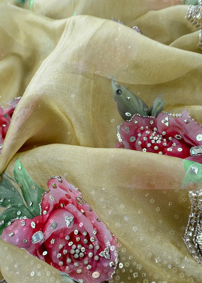 Light Yellow Handloom Kora Silk Suit Fabric With Appliqué Work And Handwork