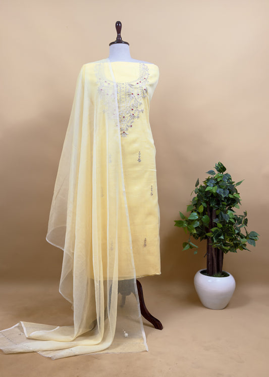 Butter Yellow Kota Doria Dupatta Suit with Pitta Work