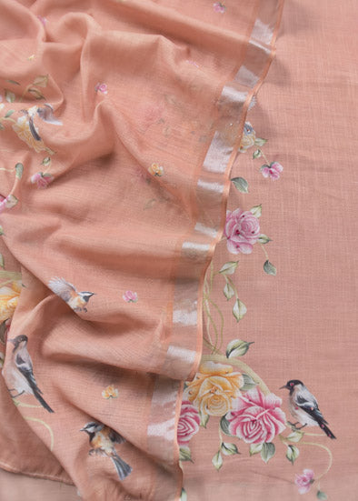 Peach Linen Unstitched Suit With Digital Print