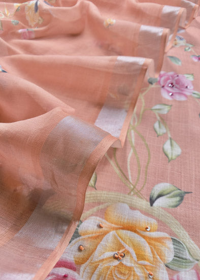 Peach Linen Unstitched Suit With Digital Print