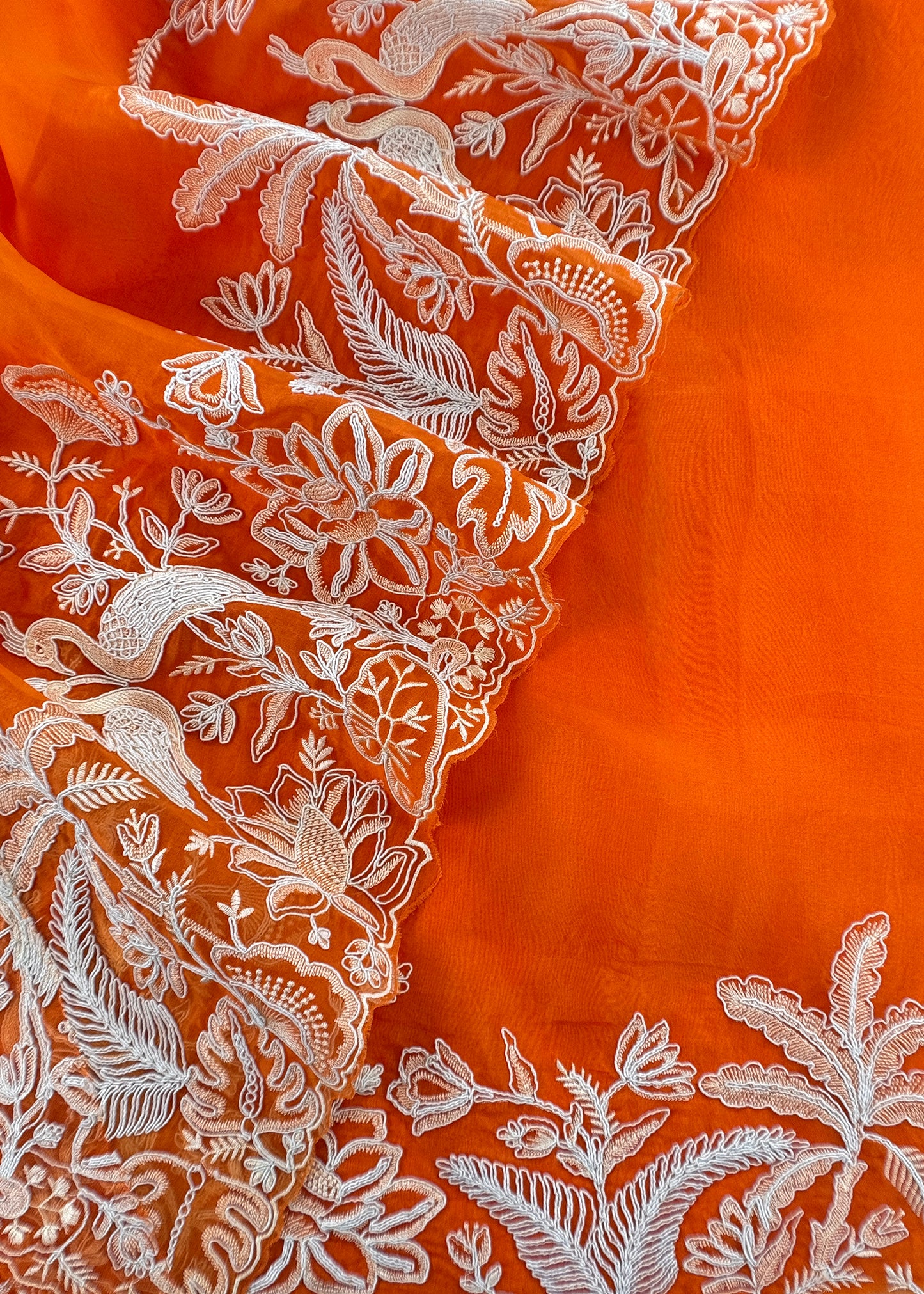 Kalasheel Luxe Orange Handloom Organza Suit With Garden French Embroidery