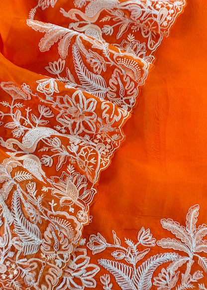 Kalasheel Luxe Orange Handloom Organza Suit With Garden French Embroidery