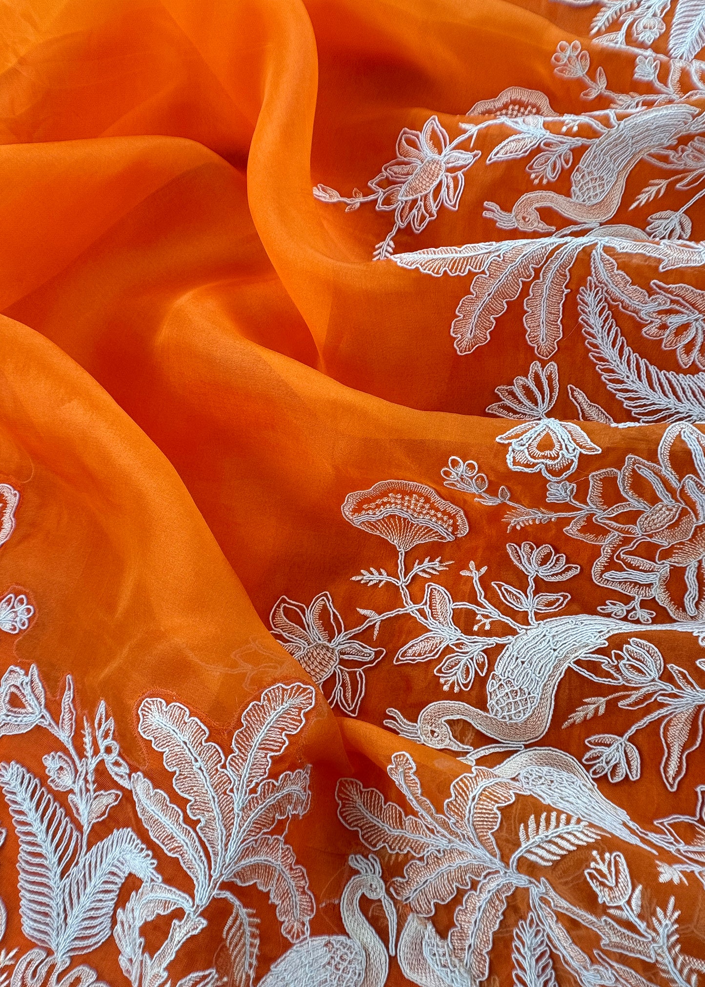 Kalasheel Luxe Orange Handloom Organza Suit With Garden French Embroidery