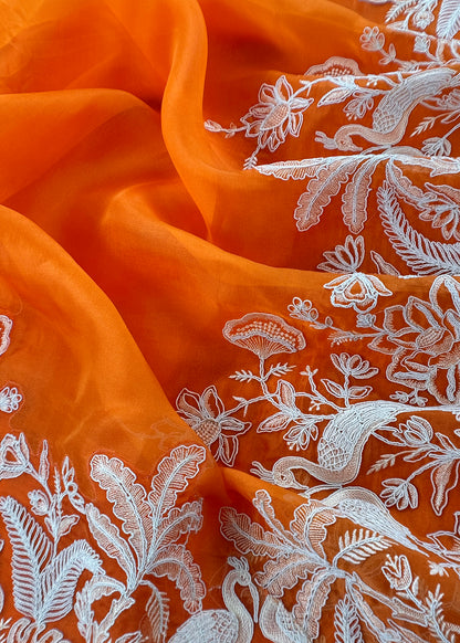 Kalasheel Luxe Orange Handloom Organza Suit With Garden French Embroidery
