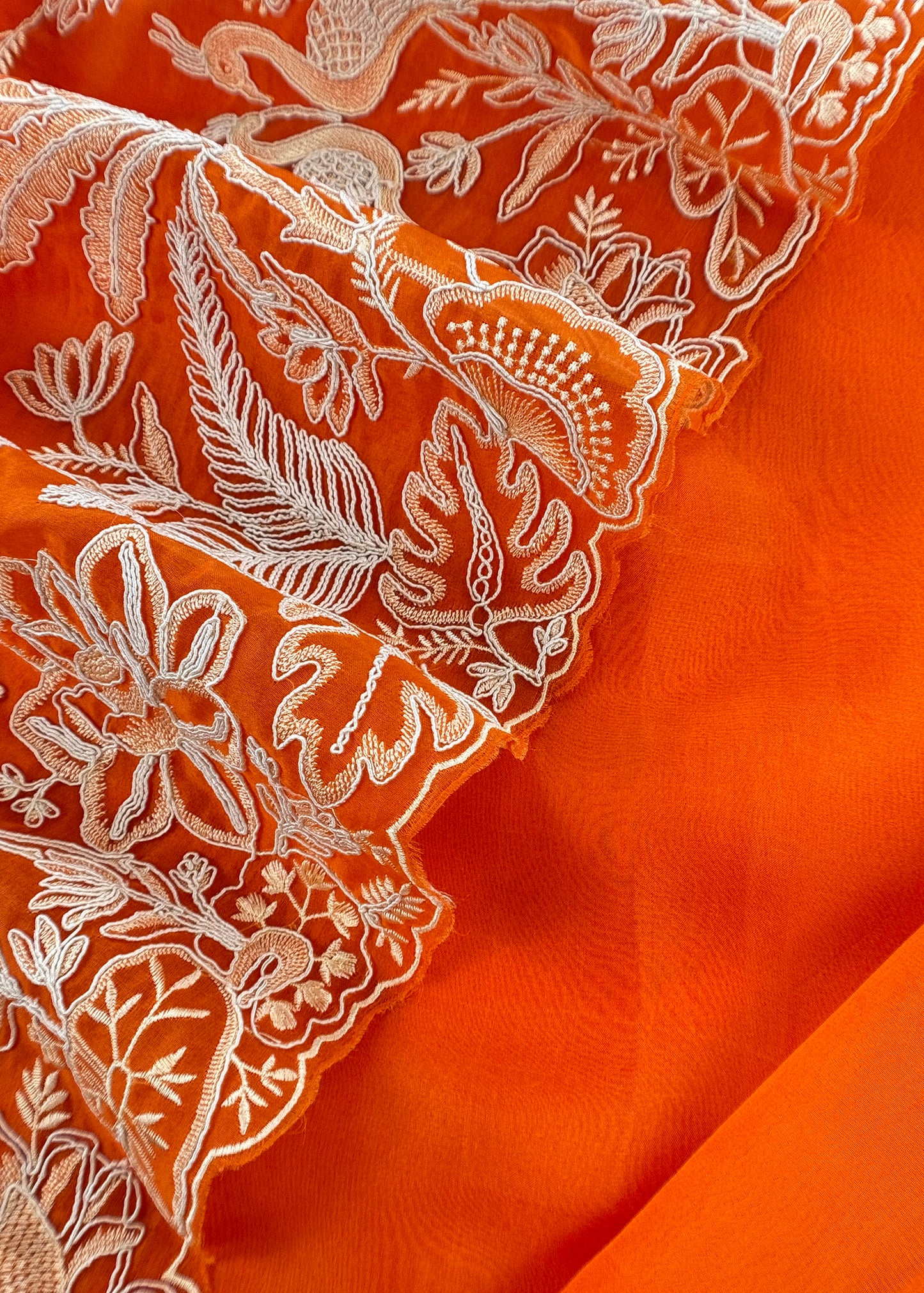 Kalasheel Luxe Orange Handloom Organza Suit With Garden French Embroidery