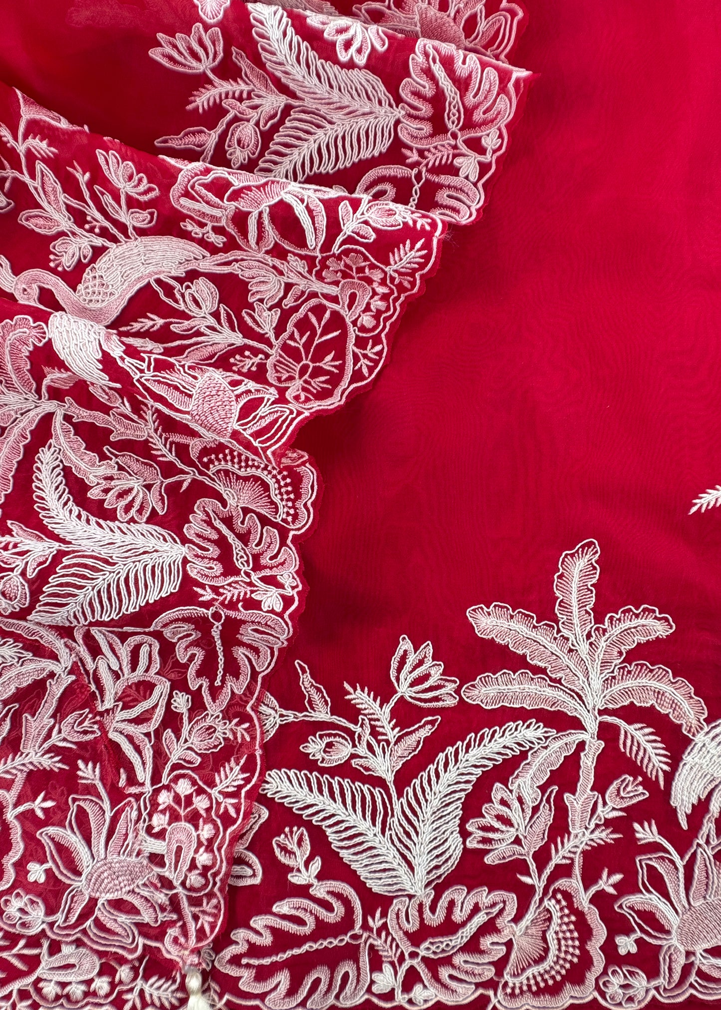 Kalasheel Luxe Red Handloom Organza Suit With Garden French Embroidery