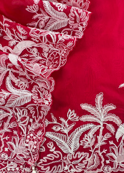 Kalasheel Luxe Red Handloom Organza Suit With Garden French Embroidery