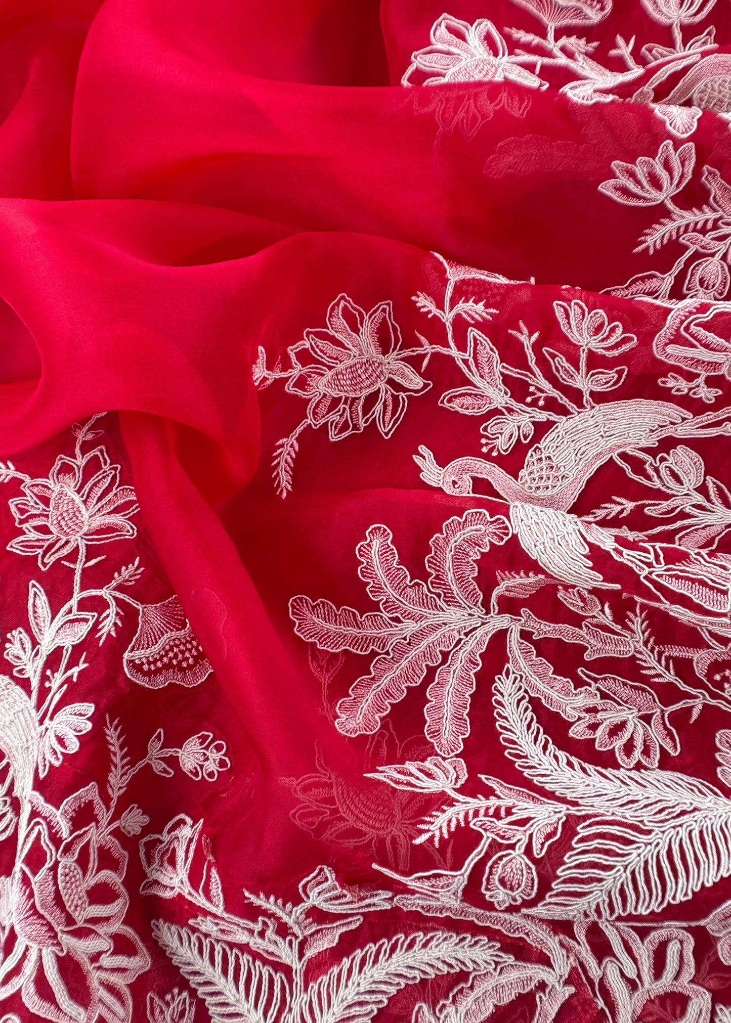 Kalasheel Luxe Red Handloom Organza Suit With Garden French Embroidery