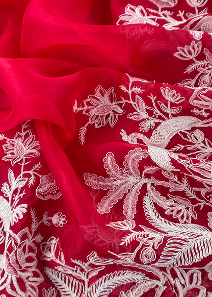 Kalasheel Luxe Red Handloom Organza Suit With Garden French Embroidery