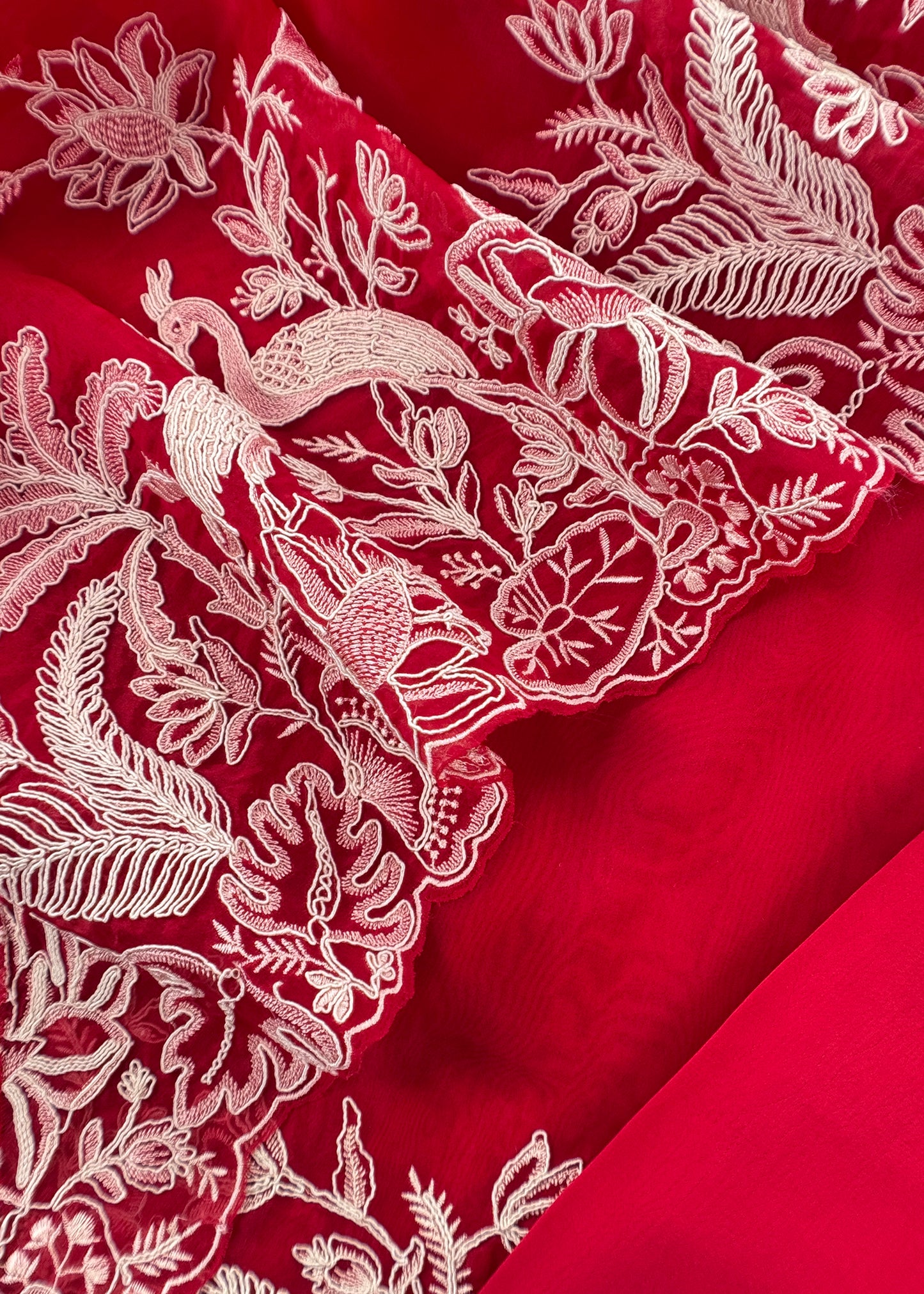 Kalasheel Luxe Red Handloom Organza Suit With Garden French Embroidery